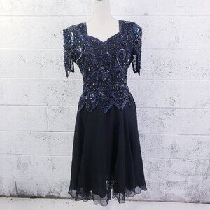 Vintage Laurence Kazar PM Beaded Silk Dress Short Sleeve Party Formal Black